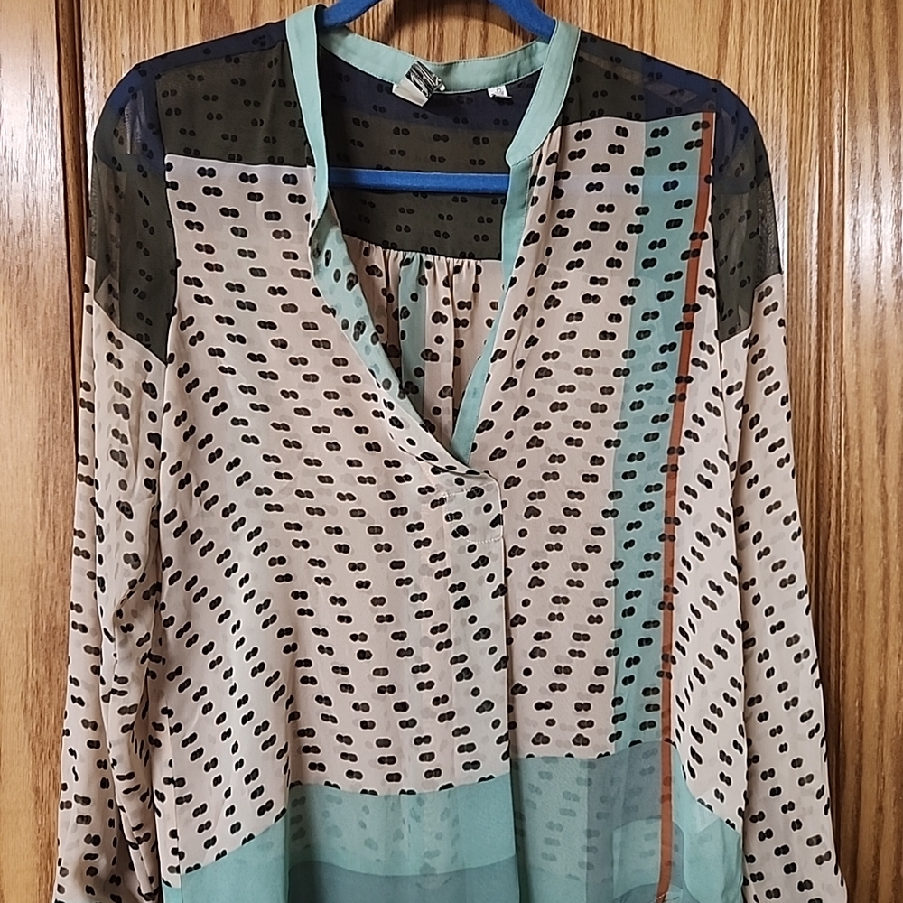 Anthropologie Sheer Polka Dot Blouse - Black, Cream, and Teal